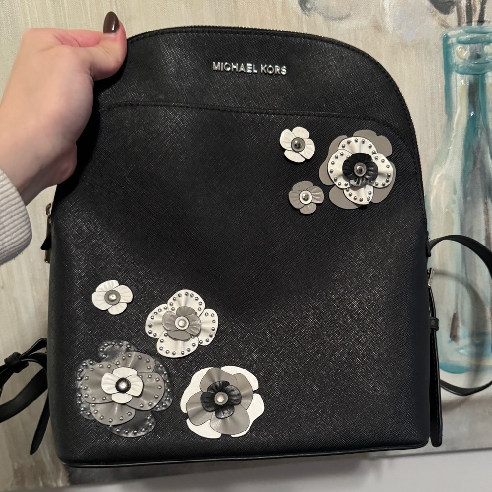Black leather MIchael Kors emmy lg backpackw/tea flower roses